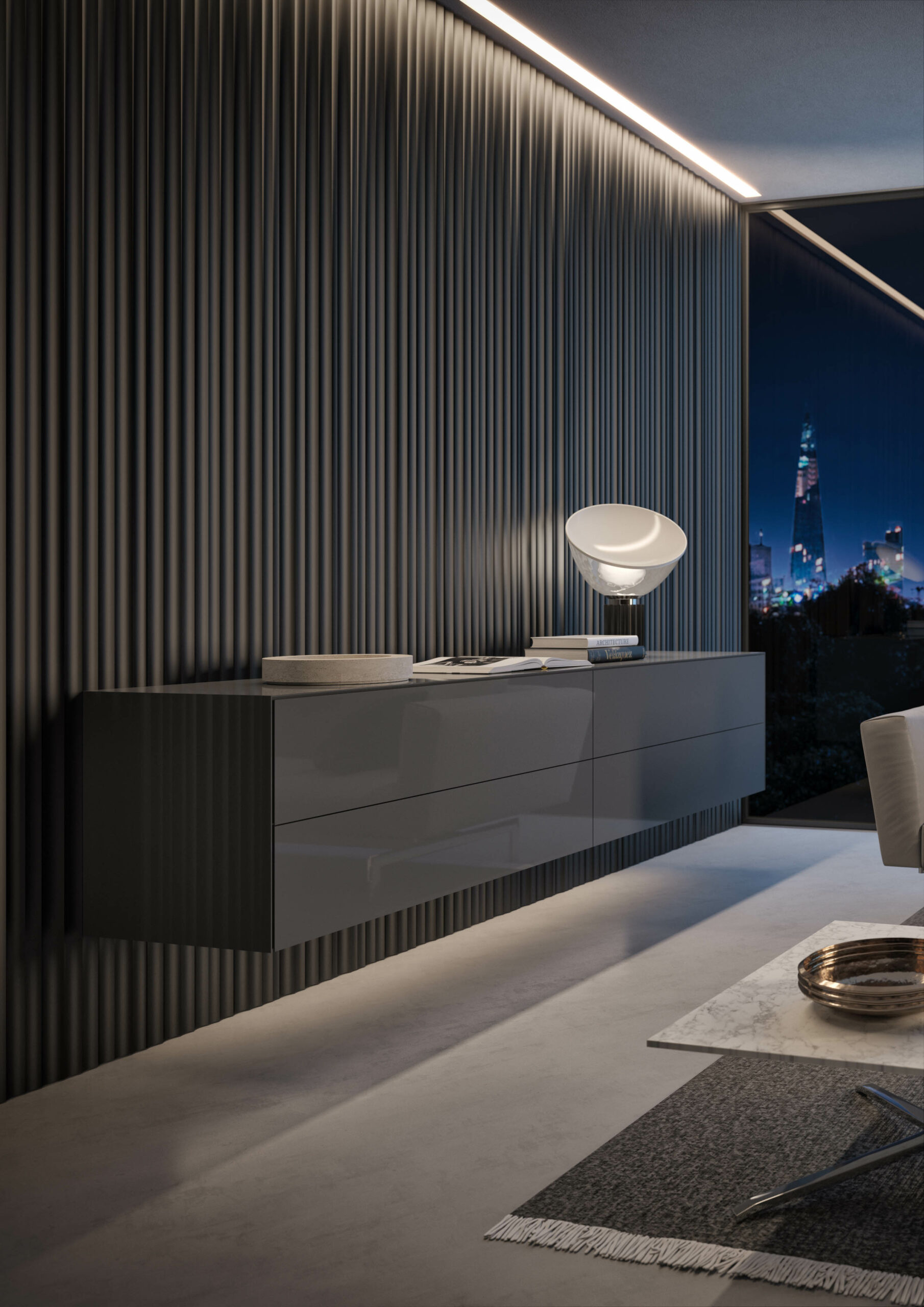 Res Italia Wave bespoke wall panels in an elegant living room by night